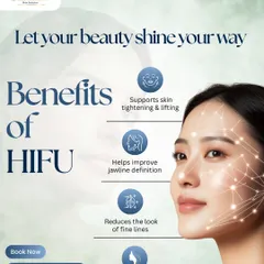 This infographic details the key benefits of HIFU. The treatment supports skin tightening, improves jawline definition, reduces fine lines, and delivers gradual, natural-looking results as your skin rebuilds its collagen.