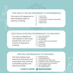 Our full online class schedule for the Ajinkya Meher Yoga Shala. We have morning and evening batches to fit your routine, covering everything from Hatha and Vinyasa to Pranayama and Meditation.