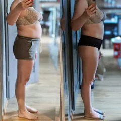 This side profile view shows the significant changes in body composition my 50 year old client achieved in just one month. We focused on a sustainable fat reduction plan that she could manage alongside her daily life.