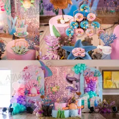 A collage showcasing the magical details of a mermaid-themed party. You can see the shimmering sequin backdrop, themed desserts like starfish macarons, and custom decor that creates a complete underwater experience.