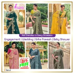 A collage showcasing the versatility of my designer sarees for every occasion, from an engagement to a griha pravesh. The collection includes various colours and embroidery styles to match your personal taste.