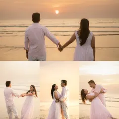 A collage of a couple's romantic pre-wedding shoot on the beach at sunset. From holding hands by the water to a playful dip, these photos capture the warm, golden hour glow and their carefree connection.