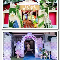 A collage of two beautiful entrances: a lush Safari theme with animal props and a magical Fairy theme with a light-up "Welcome" arch and pastel balloons.