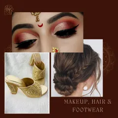 A complete look includes makeup, hair, and footwear. Here is a mood board with inspiration for a Maharashtrian bride's makeup, braided hairstyle, and traditional footwear.