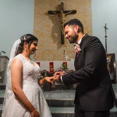 A promise being sealed with a ring during Shreya and Wayne's beautiful church wedding. We capture the sanctity and intimacy of the vow exchange.