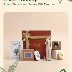 The Green Fingers and Notes Gift Hamper is perfect for the environmentally conscious. It includes seed paper that can be planted, a bamboo pen, and other natural products.