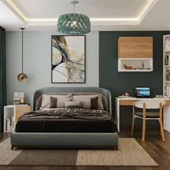 A bedroom design where the study area is defined by a change in wall color. The simple desk and open shelving create a functional workspace that complements the room's modern aesthetic without being intrusive.