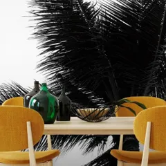 A bold, high-contrast wallpaper featuring black palm leaves against a white background. This design creates a dramatic and modern tropical look, perfect for a statement dining area or entryway.