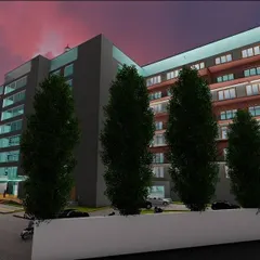 A perspective of the hotel's exterior, highlighting the facade treatment with private balconies for guest rooms and extensive landscaping at the ground level.