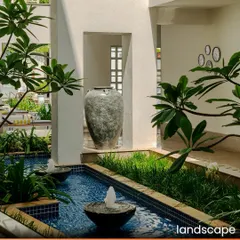 The landscape design for the Taj Yellow House features intimate courtyards with water features and lush, native plants. These spaces blur the line between indoors and outdoors, enhancing the warm Goan hospitality experience.