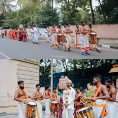 The groom's procession, or Baraat, often includes energetic drummers. This collage captures the scale and festive spirit of the arrival, setting the tone for the celebration to come.