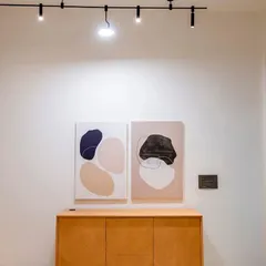 Another view of the Wabi Sabi inspired office project. The track lighting is used here to perfectly illuminate the artwork on the wall, demonstrating the system's flexibility for both general and accent lighting.