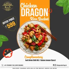 Try our Chicken Dragon Rice Bucket for a complete meal. It comes with spicy Dragon Chicken served over rice, along with a complimentary soft drink and Gulab Jamun.