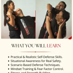 This graphic outlines what you will learn in my program. It's not just physical moves; it's a complete system covering situational awareness, mindset training, and fear control.
