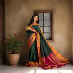 This portrait captures the grace of a mother-to-be in a dark green Kanjivaram saree, holding a traditional puja thali. The natural light from the window adds a soft, painterly quality.