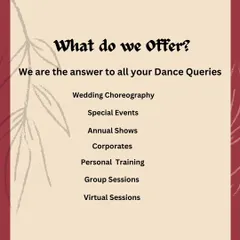 What do we offer? This graphic lists our wide range of services, including wedding choreography, special events, personal training, group sessions, and virtual classes. We are the answer to all your dance queries.