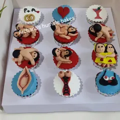 A collection of assorted naughty and adult-themed cupcakes, perfect for a bachelorette or bachelor party.