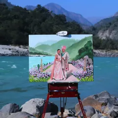 We painted this beautiful couple against the serene backdrop of the Ganga in Rishikesh. A destination wedding painting becomes a timeless memory of the place you said "I do".