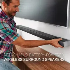The JBL Bar 5.1 features truly detachable, battery-powered wireless surround speakers. As shown here, you can simply detach them from the main soundbar and place them anywhere in the room for an instant, hassle-free surround sound experience.