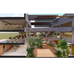A sectional rendering of the office building. This view shows the central, multi-level courtyard with its connecting stairways, surrounded by open and semi-open workspaces that encourage collaboration and movement.