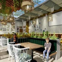 A 3D render of a proposed design for a rooftop lounge in Bangalore. This visualization showcases a bohemian-chic concept with natural materials, lush greenery, and a retractable glass roof for an open, airy feel.