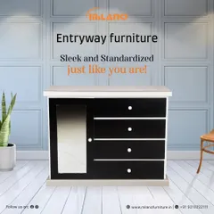 This entryway furniture is both sleek and standardized. The black high-gloss cabinet with a mirrored door and drawers provides a stylish first impression and practical storage.