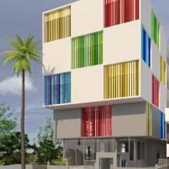 This is our design for a color management company's R&D center. The facade is inspired by their business, with colorful vertical fins set within a neutral cube, creating a playful yet functional exterior.