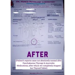 After: A later report shows a normal TSH of 3.27. After Panchakarma therapy and Ayurvedic medications, we were able to completely stop her thyroid tablet.