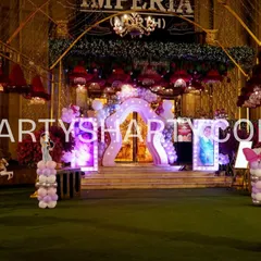 Our team transforms any venue, indoor or outdoor, into a fairytale setting. This princess-themed entrance features character cutouts and a lighted balloon arch, creating a grand welcome for the birthday girl and her guests.