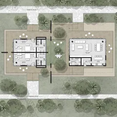 The architectural floor plan for the Avadhani Estates concept, illustrating the open layout and the relationship between the indoor spaces and the surrounding landscape.