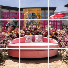 A beautiful pink semi-circular sofa becomes the focal point of this Mehendi seating area. Surrounded by an explosion of colorful flowers, it’s the perfect spot for the bride and for taking photos.