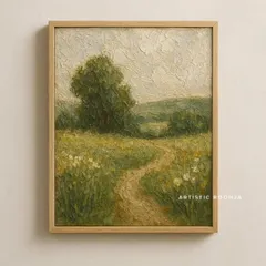 A serene landscape painting with a winding path. The texture in the grassy fields and the sky adds a rustic, impressionistic feel to the artwork.