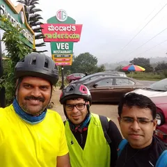 Post-ride celebration after completing the Bangalore-Mysore route. A mandatory stop at a local veg restaurant to refuel.