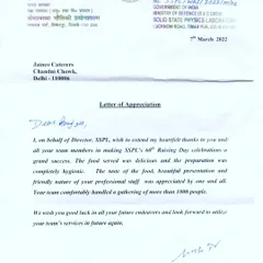 I am proud to share this Letter of Appreciation from the Government of India's DRDO. It commends my team for successfully catering their 60th Raising Day, handling over 1900 people with delicious, hygienic food and professional service.