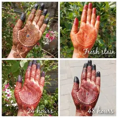 Trust the process. This collage shows how the stain from my organic henna develops over 48 hours, transforming from a bright orange to a deep, beautiful maroon. This is the result of pure, chemical-free henna and proper aftercare.