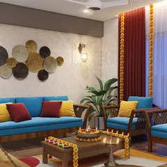 An example of how we can style a living room with custom wooden furniture, including a sofa, chairs, and a traditional swing (jhoola), perfect for creating a warm, festive atmosphere.