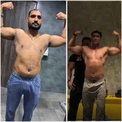 Client Sonu Choudhary's 75-day fat loss journey. This front pose shows the significant reduction in body fat and the beginning of visible muscle definition.