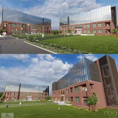 A collage presenting multiple viewpoints of the college campus design. It showcases the building's dynamic form, including the angled glass facade and the external circulation corridors.
