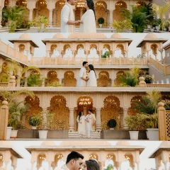 A collage showcasing the scale and beauty of a palace pre-wedding shoot. From wide architectural shots to close-up romantic moments, every frame tells a part of their regal love story.