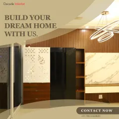 "Build your dream home with us." This image showcases a space with custom storage solutions, including a wardrobe with jali-cut doors and another with a glossy black finish.
