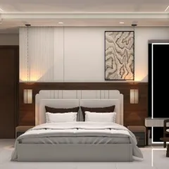 From the sketch, we create a realistic 3D render. Here you can see the bedroom design come to life with textures, colors, and lighting, showing the dark wood paneling and modern decor.