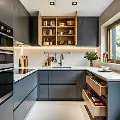 Functionality is at the core of this modern U-shaped kitchen. This view highlights the smart storage solutions, including deep drawers for pots and pans and well-organized upper cabinets, all within a sophisticated matte grey finish. This is a great example of a practical kitchen layout for daily use.