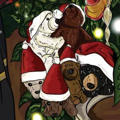 This detail from a festive commission shows a pile of adorable teddy bears wearing Santa hats, adding a touch of holiday cheer.