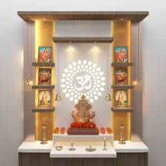 A 3D render of a modern pooja unit featuring a backlit 'Om' mandala and side shelves for displaying photos and idols. The design includes a white console with drawers for organized storage.