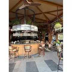 Another perspective of the circular bar, where hanging ferns and integrated planters soften the industrial-chic design. This balance of materials is key to creating a space that feels both modern and timeless.