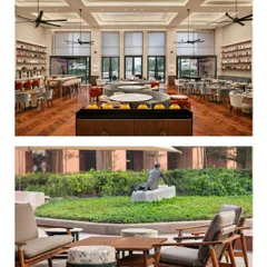 A collage of the Elevate Clubhouse, showing the grand dining hall and the serene outdoor seating area. This juxtaposition highlights my philosophy of balancing grand social spaces with intimate, nature-connected zones for relaxation.