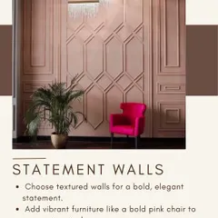 A statement wall can define an entire space. Here, I used geometric wall paneling in a soft blush tone, contrasted with a bold magenta chair, to create a sophisticated and visually engaging waiting area or boutique corner.