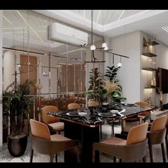 An elegant and cozy dining area designed for a client in Vasant Kunj. I used a black marble table and a mirrored wall to create a sense of depth and luxury, perfect for intimate dinners.