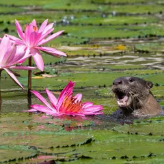 A Smooth Coated Otter enjoying a swim in a lotus pond at the Singapore Botanic Gardens. I love this shot because it captures the pure joy and character of the animal in its beautiful, natural habitat.