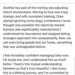 The review continues, highlighting how Oreo learned to ignore other dogs and how they can now welcome people into their home, something that was once unimaginable.